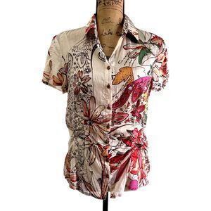 BIANCA Women Floral Button Up Cotton Shirt SZ 38/US 8 Short Sleeves Ruched Front
